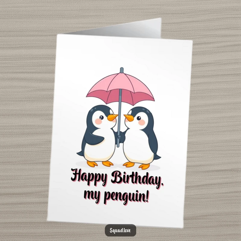 Funny Free Printable Birthday Card: Two playful penguins sharing an umbrella and giggling gleefully together.