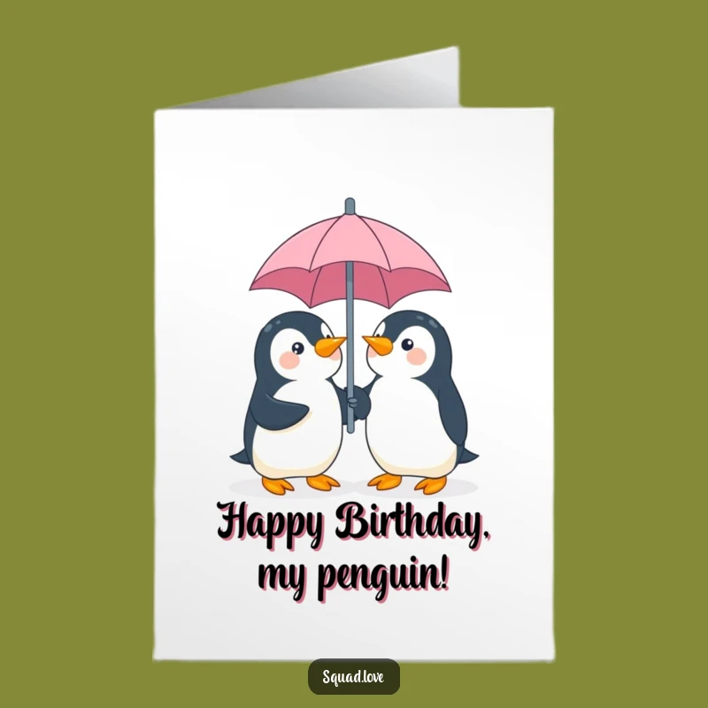 Free Printable Birthday Card: Giggling Penguins Under Umbrella Fun Downloadable Gift