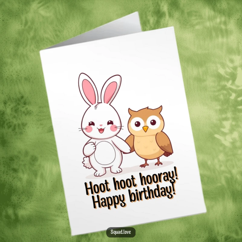 Funny Free Printable Birthday Card features a beaming bunny holding hands with a smiling owl, spreading birthday cheer.