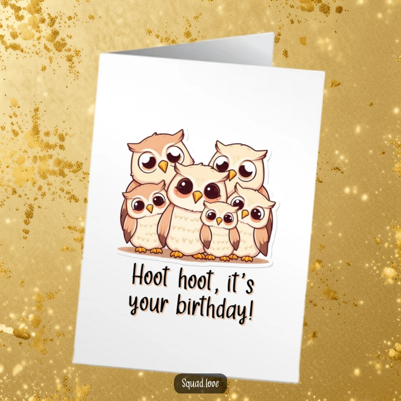 Funny Free Printable Birthday Card: Smiling owl family huddled together, radiating warmth and happiness for your special day.