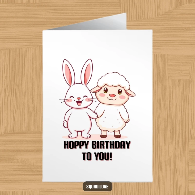 Funny Free Printable Birthday Card: A cheerful rabbit and a fluffy sheep happily hold hands, celebrating a special birthday together.
