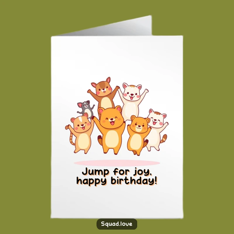 Free Printable Birthday Card: Animal Friends Jump - Funny Downloadable Gift!