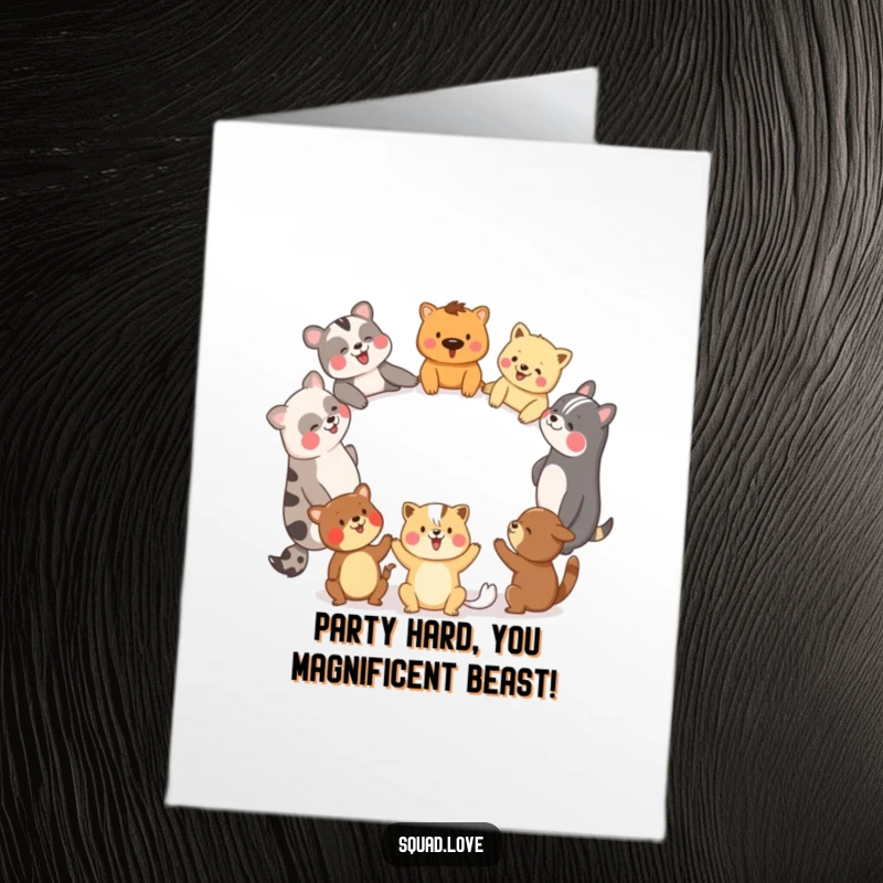 Funny Free Printable Birthday Card of diverse animal friends holding hands in a circle, laughing together in celebration.