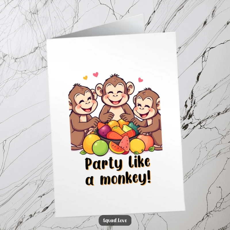 Funny Free Printable Monkey Birthday Card: Smiling monkeys share a vibrant fruit feast, ready to celebrate a birthday with jungle fun.