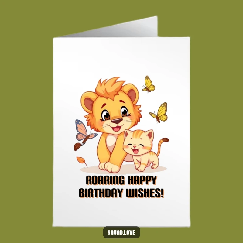 Free Printable Birthday Card: Lion Cub Kitten Butterfly Funny Downloadable Gift