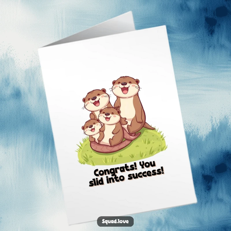 Funny Free Printable Congratulations Card: Energetic otter family sliding downhill, celebrating success and achievements with pure glee.