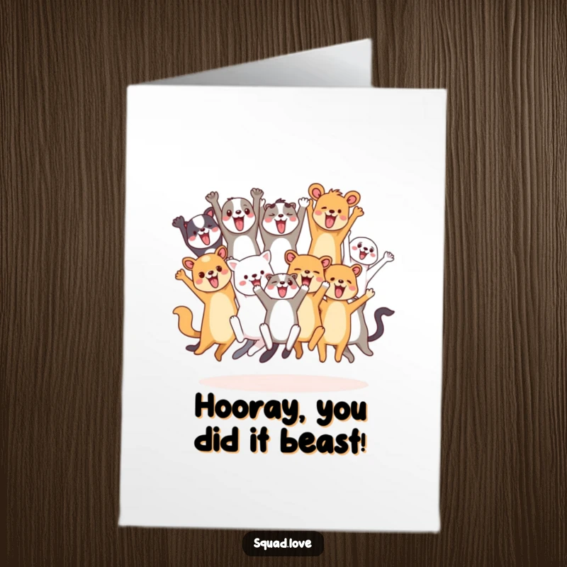Funny Free Printable Congratulations Card: A diverse pack of ecstatic animals jump and cheer in unison, celebrating a momentous achievement together.