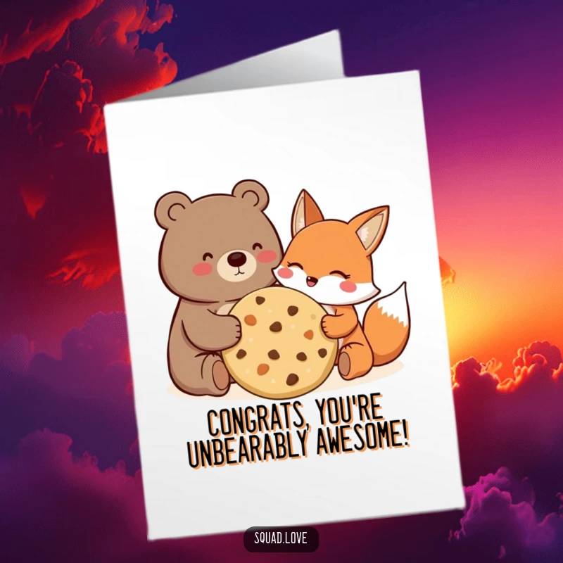 Funny Free Printable Congratulations Card: Bear and fox happily sharing a giant cookie, cheering an achievement.
