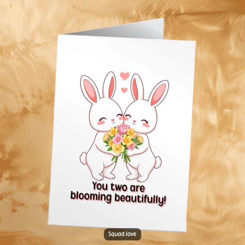 Funny Free Printable Congratulations Card featuring a lovely bunny couple offering a flower bouquet, symbolizing shared joy and new beginnings.