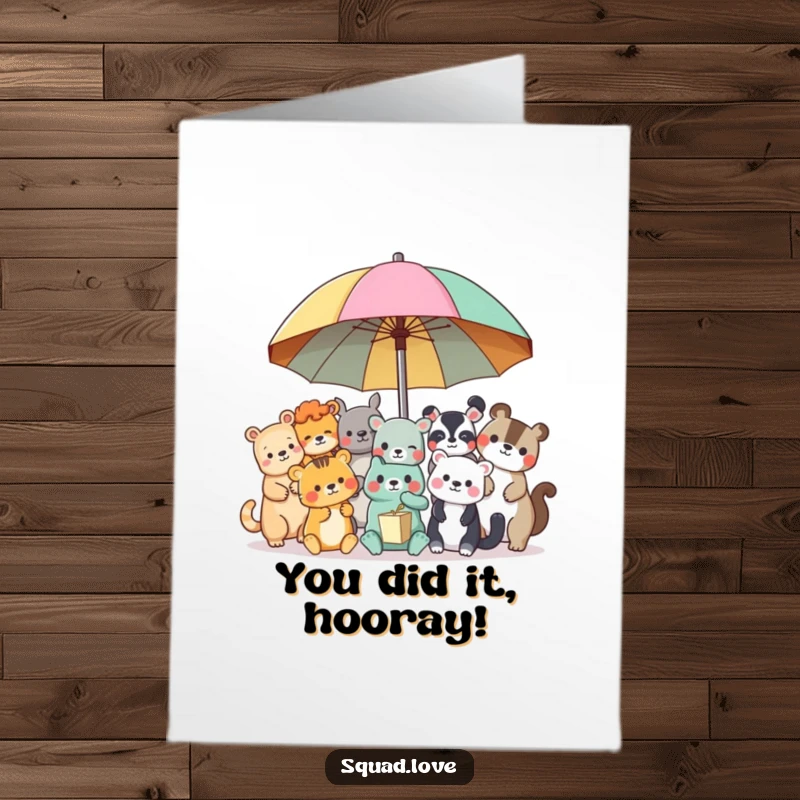 Funny Free Printable Congratulations Card: A diverse group of animal friends sharing a large, vibrant umbrella, celebrating achievements.