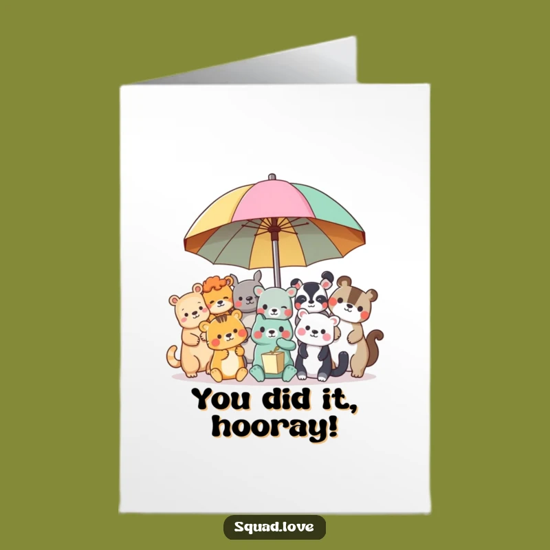 Free Printable Congrats Card: Animal Pals Unite Under Umbrella for Big Wins