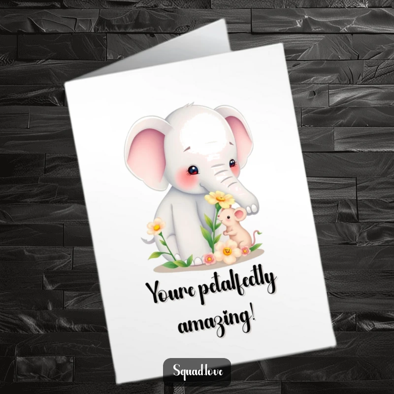 Funny Free Printable Congratulations Card: Large elephant presents a flower to a small, happy mouse, celebrating success.