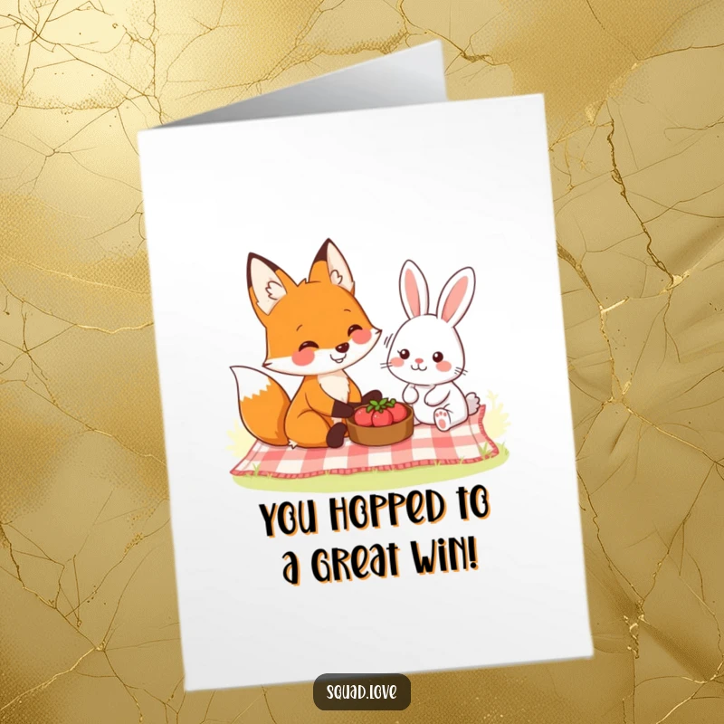 Funny Free Printable Congratulations Card: A smiling fox and a friendly rabbit enjoying a peaceful picnic together.