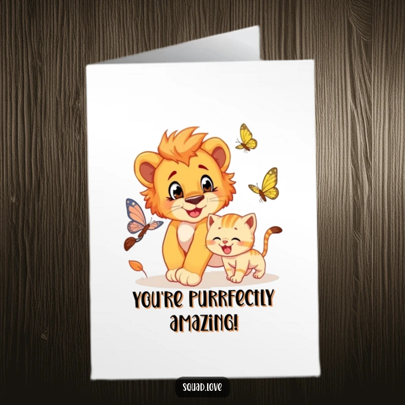 Funny Free Printable Congratulations Card: Playful lion cub and grinning kitten chasing a butterfly, a whimsical downloadable gift.