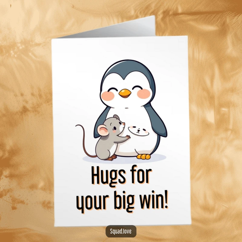 Funny Free Printable Congratulations Card, a happy kawaii penguin embracing a shy kawaii mouse, gesture of support downloadable gift.