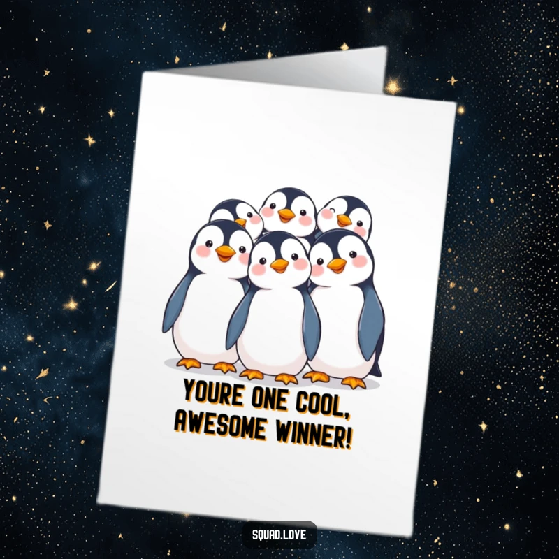 Funny Free Printable Congratulations Card: Smiling penguins grouped together, radiating happiness and shared success.