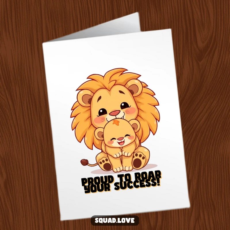 Funny Free Printable Congratulations Card: A proud lion cub receives a loving hug from a beaming larger lion.