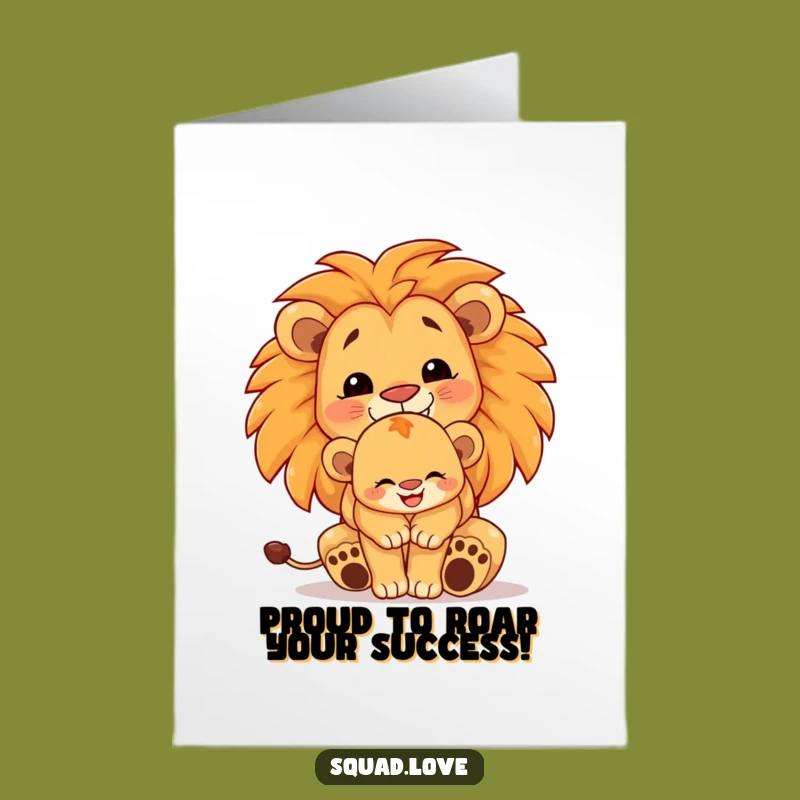 Free Printable Congrats Card: Proud Lion Family Hugging Success Downloadable Gift