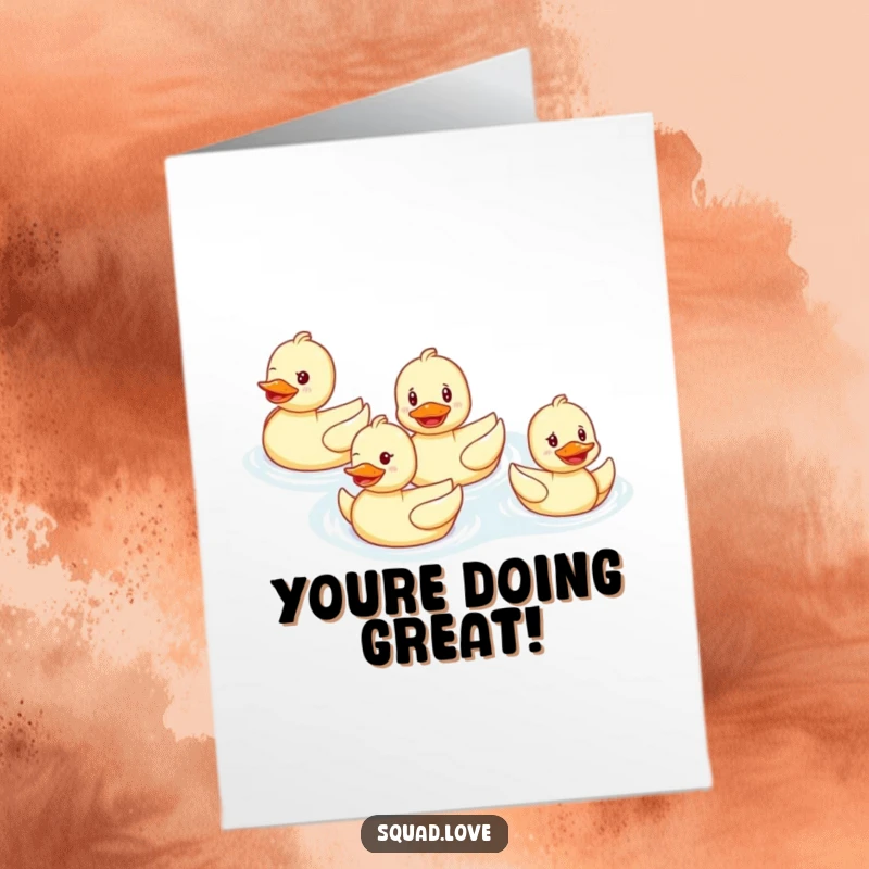 Funny Free Printable Congratulations Card: A happy duck family swims in perfect formation, smiling to congratulate.