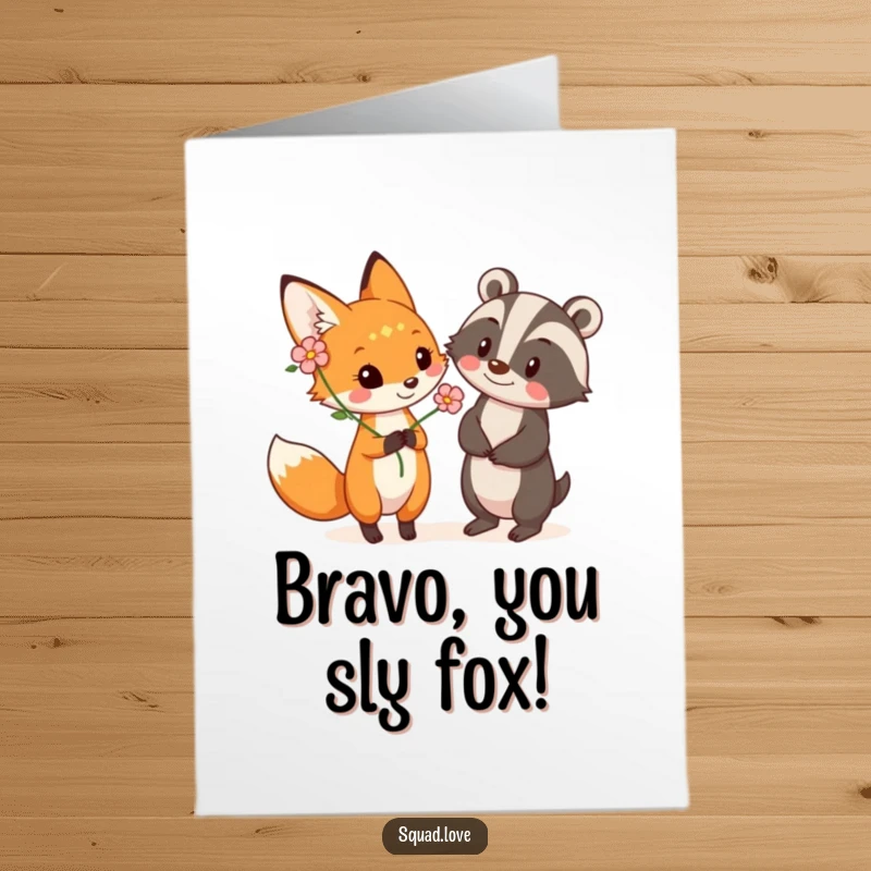 Funny Free Printable Congratulations Card: A friendly fox offers a delicate flower to a beaming badger, celebrating a proud moment together.