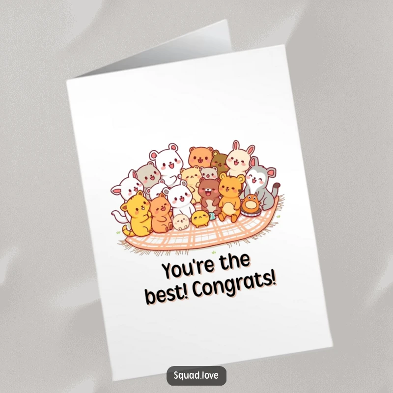 Cute Free Printable Congratulations Card: Diverse group of kawaii animals laughing heartily while sharing a picnic, celebrating good news.