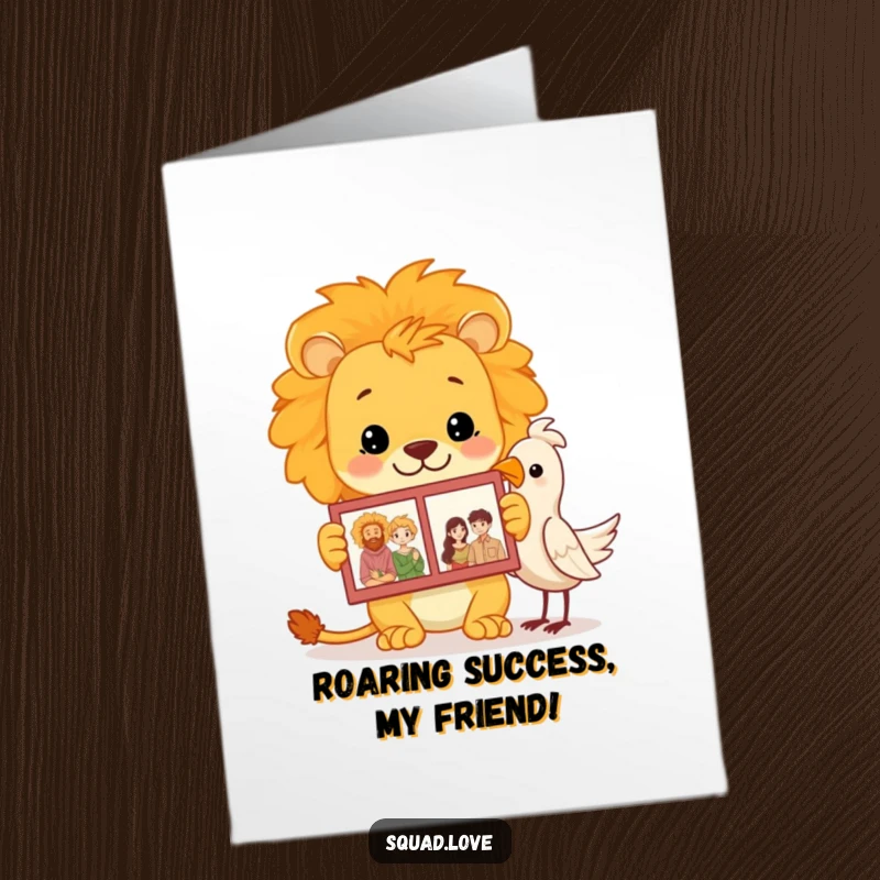 Free Printable Congratulations Card: A proud lion proudly displays a family photo album to an attentive bird, celebrating success.