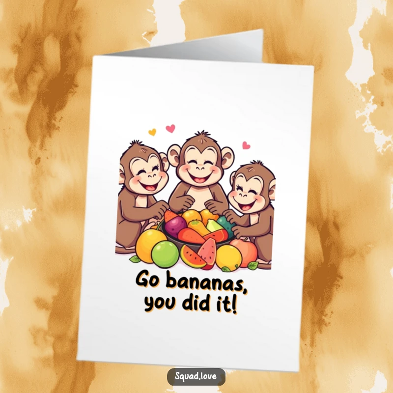 Funny Free Printable Monkey Congratulations Card: A troop of happy monkeys enjoys a colorful fruit feast, offering cheers for success.