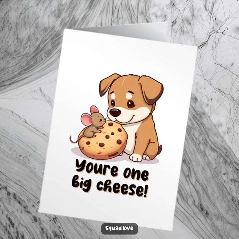 Funny Free Printable Congratulations Card: A brave little mouse offers a huge cookie to a gentle giant dog, celebrating a shared victory.