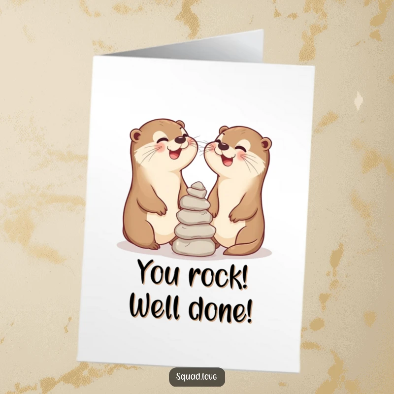 Funny Free Printable Congratulations Card: Two otter pals laugh while balancing stones, celebrating a success.