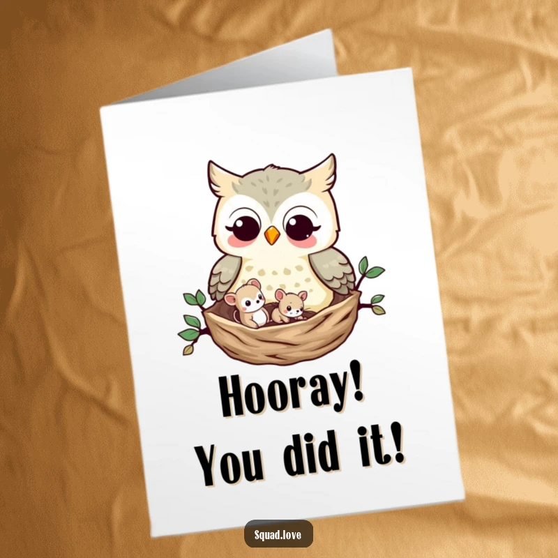 Funny Free Printable Congratulations Card: An owl and a mouse share a nest, celebrating success with heartwarming, quirky friendship.