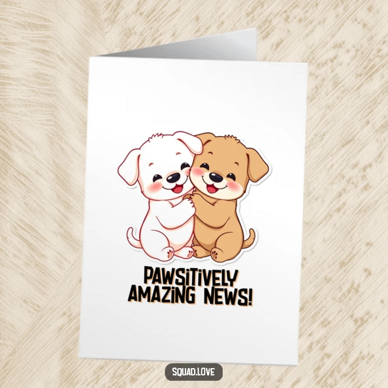 Free Printable Congratulations Card: Two happy puppies embracing tightly, paws linked, symbolizing shared joy and success.