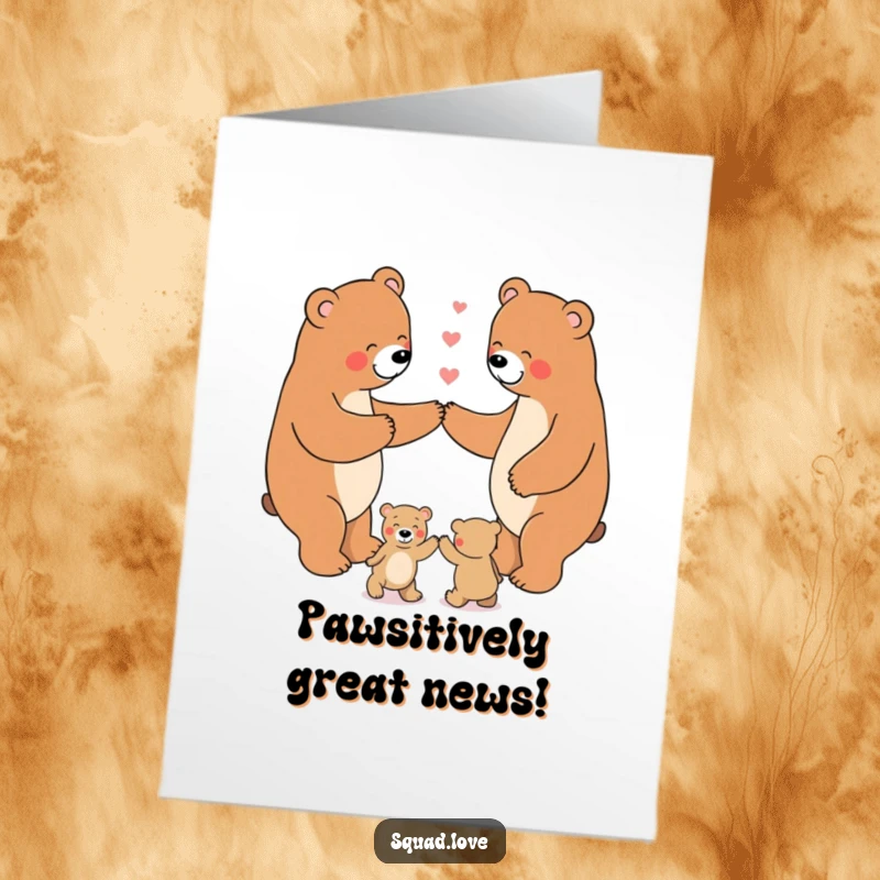 Funny Free Printable Congratulations Card: A happy bear family dancing in a circle, celebrating a shared success.