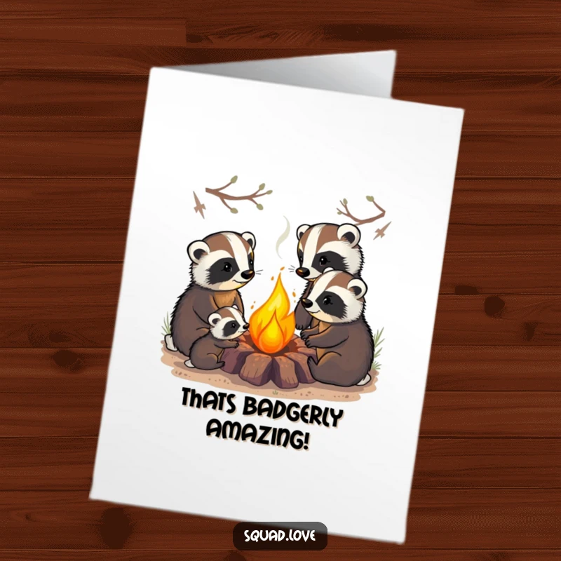 Funny Free Printable Congratulations Card: A badger family is gathered around a campfire, celebrating a success.
