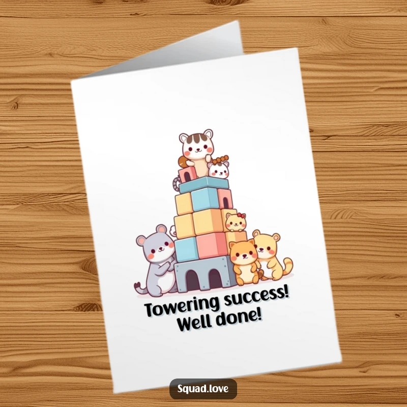 Funny Free Printable Congratulations Card, kawaii animals stacking blocks high, symbolizing achievement, unique downloadable gift.