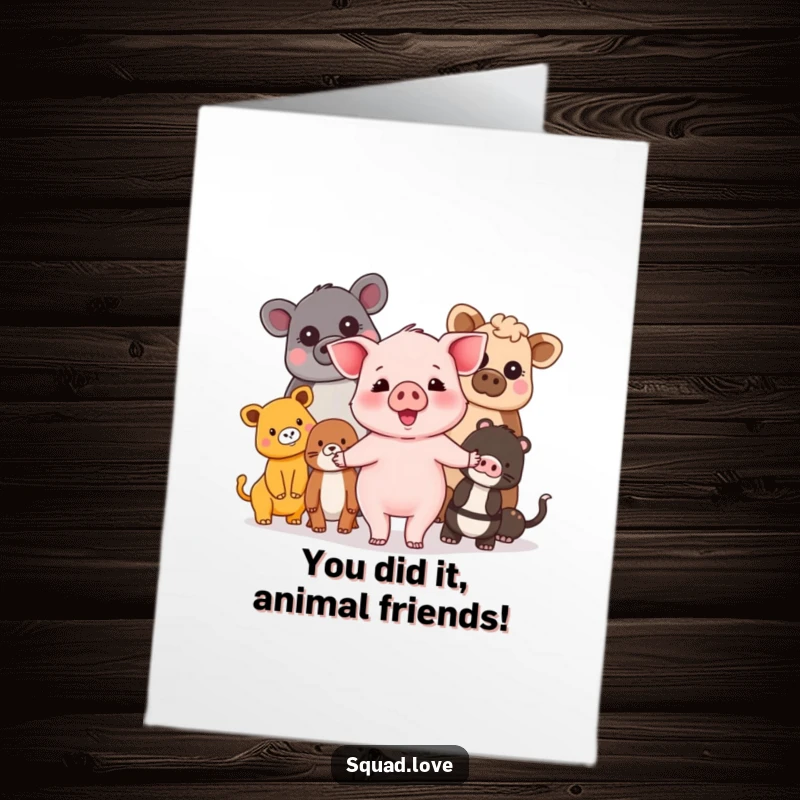 Free Printable Congratulations Card: A happy piglet holding hands with various smiling animals, symbolizing unity and shared joy.