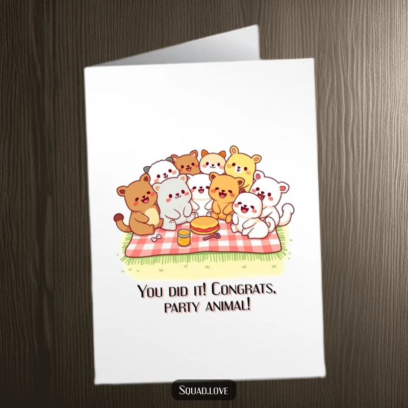 Funny Free Printable Congratulations Card featuring kawaii animals sharing a picnic and laughing, perfect for festive congratulations.