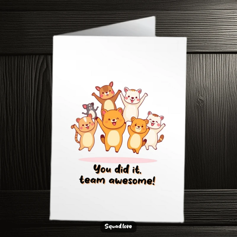 Funny Free Printable Congratulations Card featuring a diverse group of animal friends holding hands and jumping joyfully in unison.