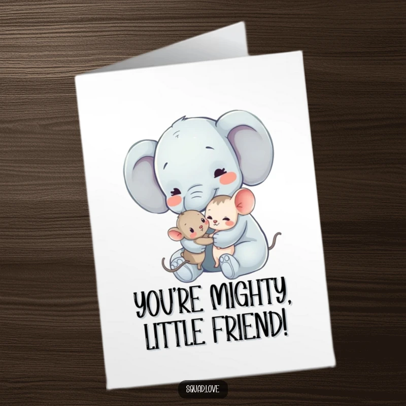 Funny Free Printable Elephant and Mouse Congratulations Card: A large elephant shares a tender hug with a small mouse, signifying sweet congratulations.