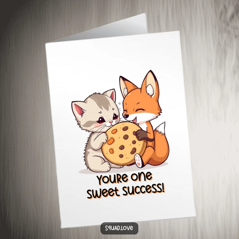 Free Printable Congratulations Card: A kitten and a fox making friends over a giant cookie, symbolizing shared joy.