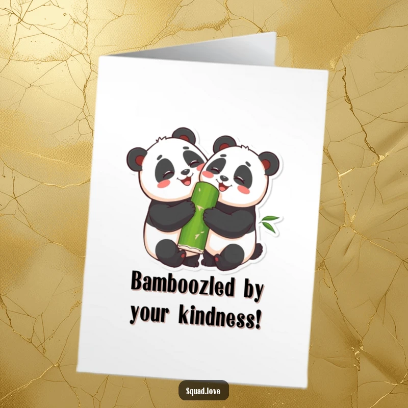Funny Free Printable Thank You Card: Two smiling pandas sharing bamboo and hugging, expressing gratitude.