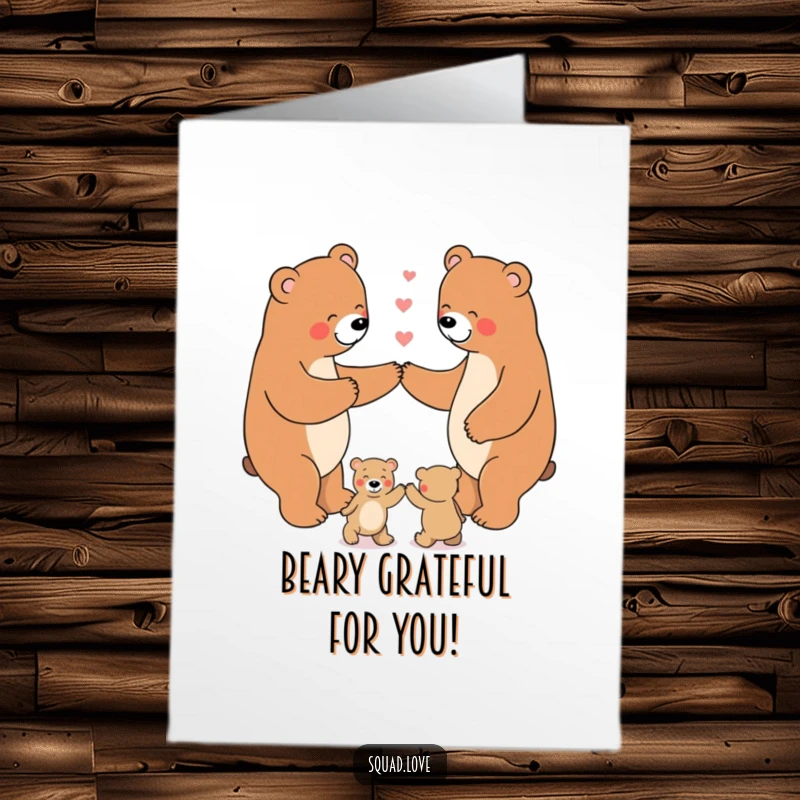 Funny Free Printable Thank You Card: A happy bear family holding paws and dancing, expressing sincere thanks.