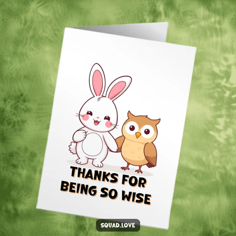 Funny Free Printable Thank You Card of a beaming bunny and smiling owl holding hands, a sweet way to say thanks.