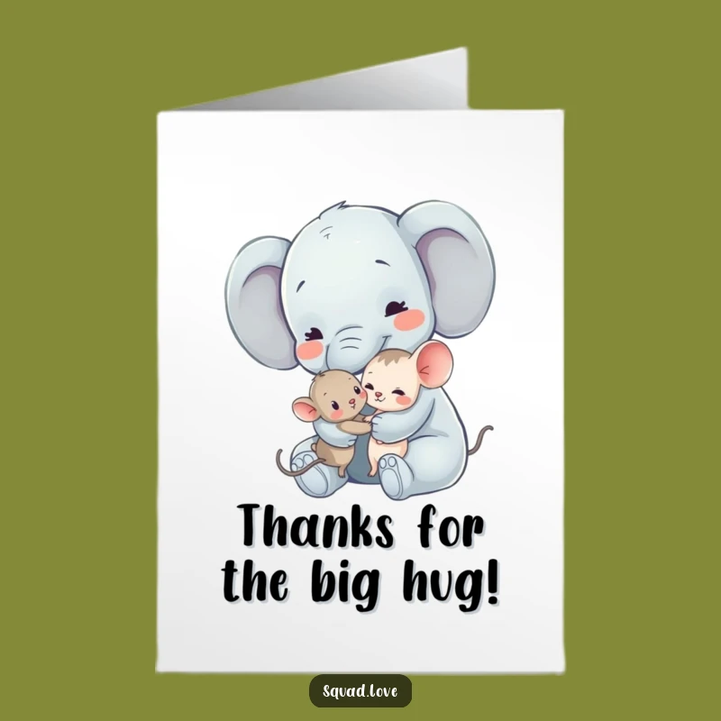 Free Printable Elephant Mouse Thank You Card: Hugs Funny Downloadable