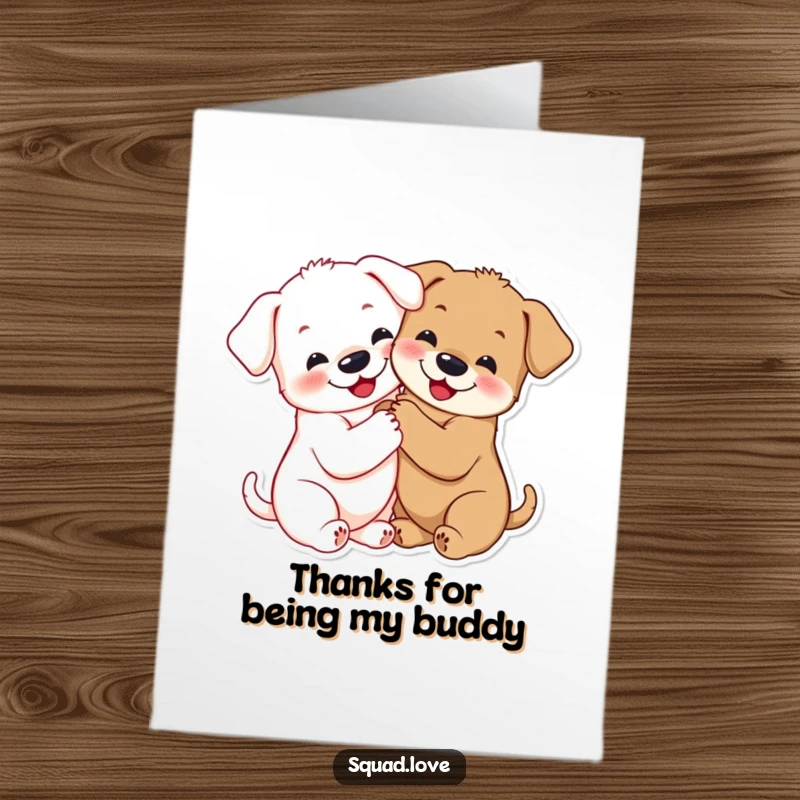 Free Printable Thank You Card: Two cute puppies hugging with their paws linked, conveying heartfelt thanks and affection.