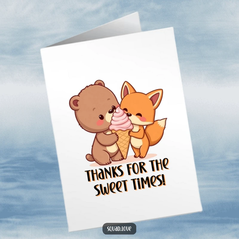 Funny Free Printable Thank You Card showing a bear cub and fox enjoying a shared ice cream cone.