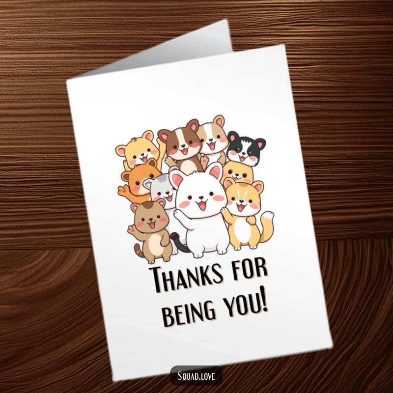 Funny Free Printable Thank You Card: Group of diverse animals waving, friendly illustration, ideal for a thoughtful DIY gift.