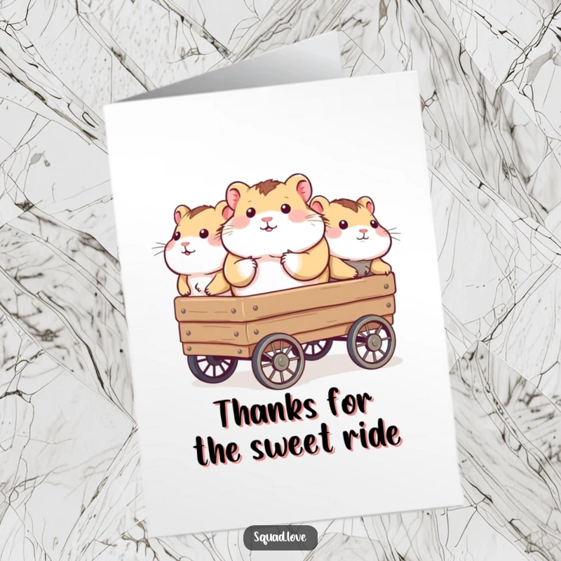 Funny Free Printable Thank You Card: A plump hamster enjoys a wagon ride, thanks to its helpful, smiling friends.