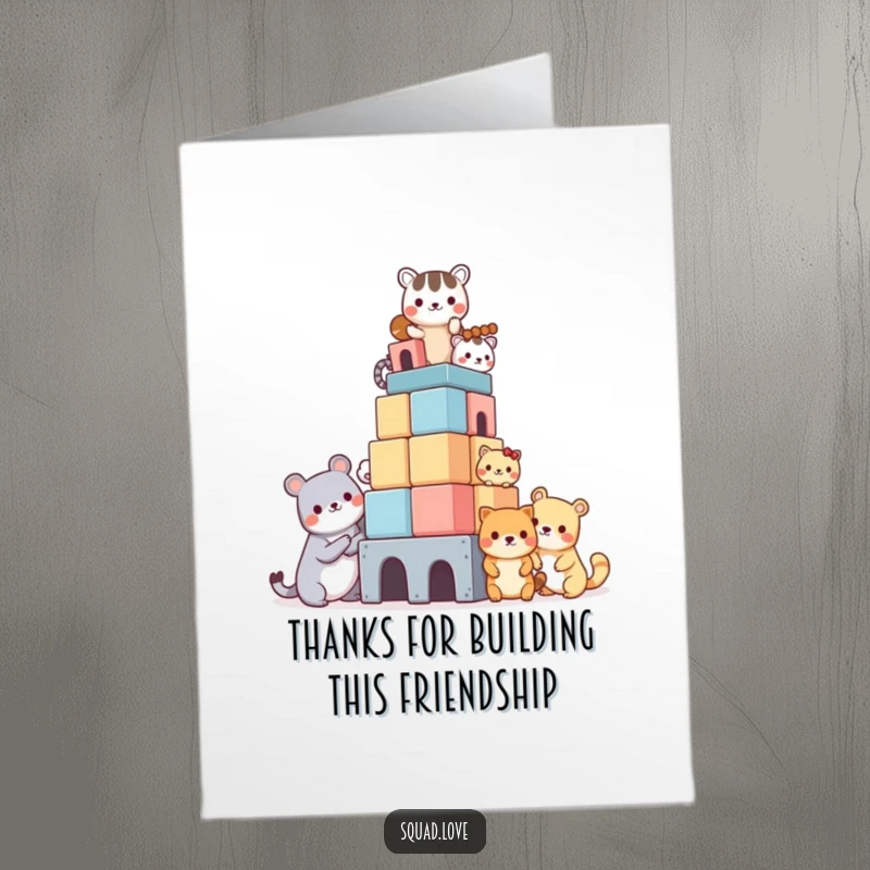 Funny Free Printable Thank You Card, kawaii animals building a block tower, showing teamwork and gratitude, lovely downloadable gift.
