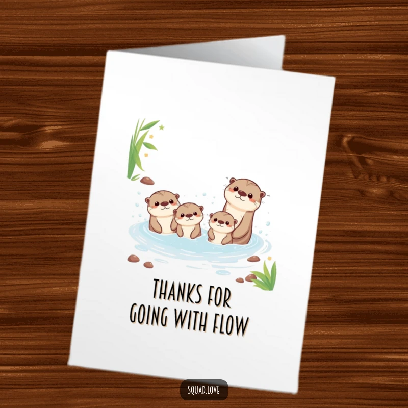 Funny Free Printable Thank You Card, a kawaii otter family joyfully splashing in a bubbly stream, happy downloadable gift.