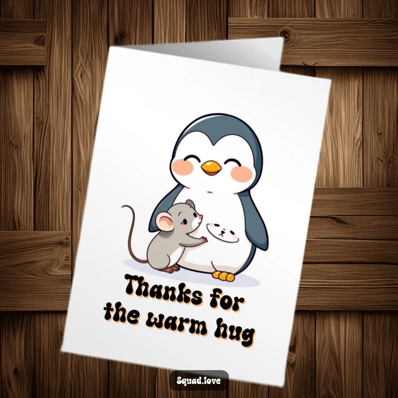 Funny Free Printable Thank You Card, a kawaii penguin giving a comforting hug to a shy kawaii mouse, gentle downloadable gift.